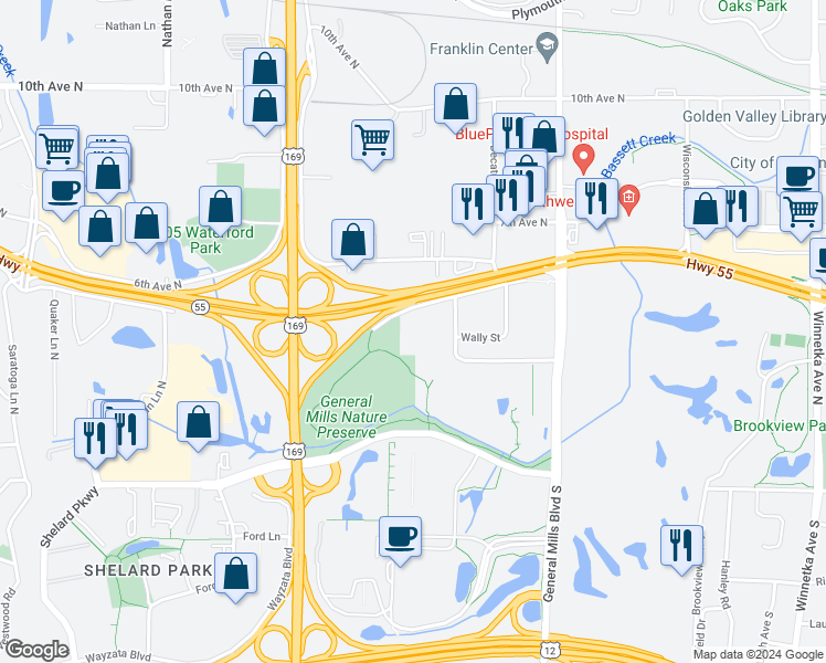 map of restaurants, bars, coffee shops, grocery stores, and more near 9143 Olson Memorial Highway in Golden Valley