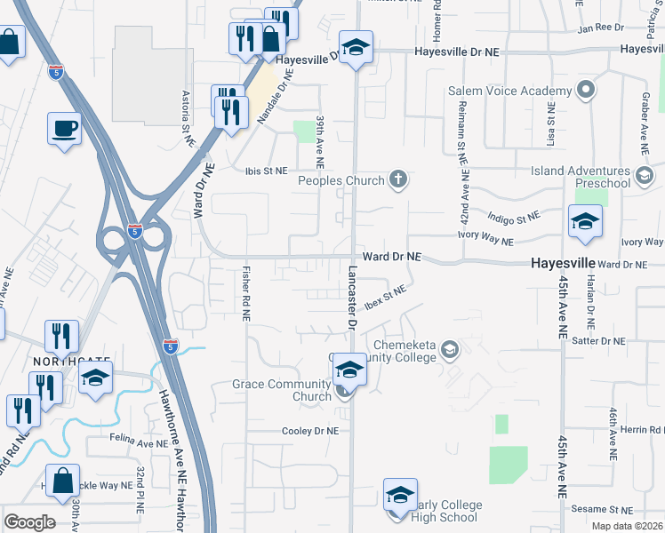 map of restaurants, bars, coffee shops, grocery stores, and more near 3871 Iberis Street Northeast in Salem