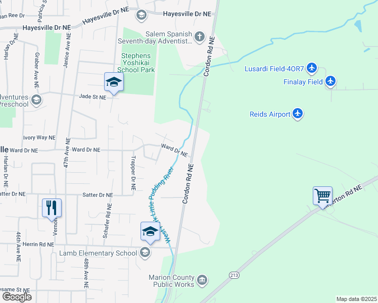 map of restaurants, bars, coffee shops, grocery stores, and more near 4315 Cordon Road Northeast in Salem