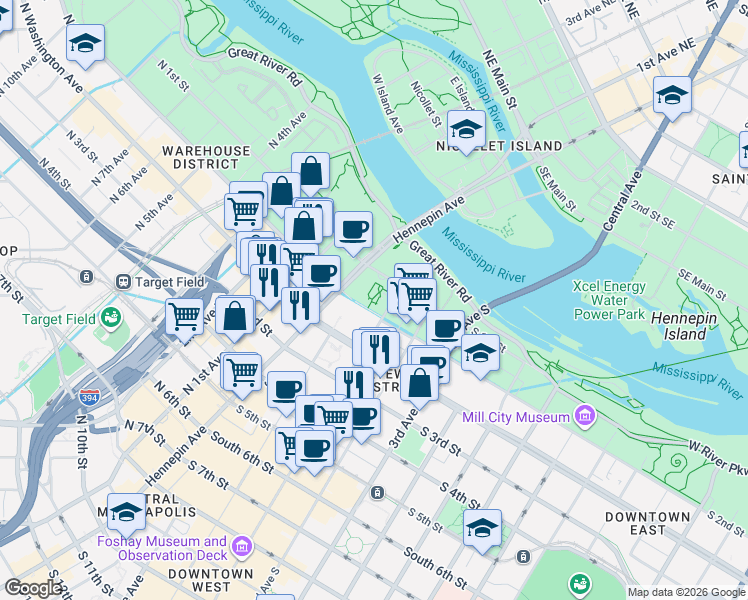 map of restaurants, bars, coffee shops, grocery stores, and more near 15 South 1st Street in Minneapolis