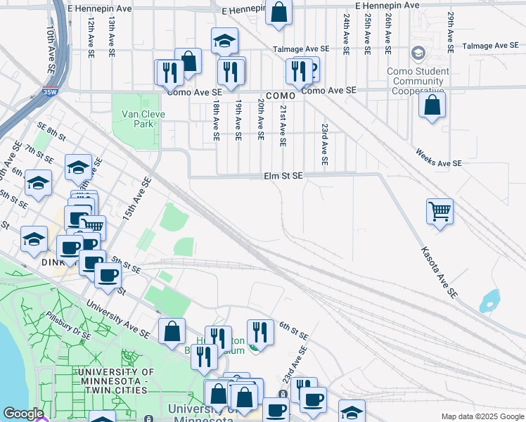map of restaurants, bars, coffee shops, grocery stores, and more near 2101 17th Ave SE in Minneapolis