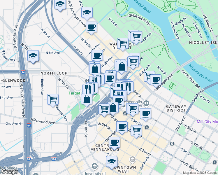 map of restaurants, bars, coffee shops, grocery stores, and more near 424 North 3rd Avenue in Minneapolis