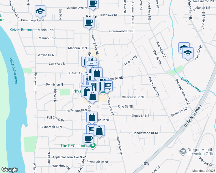 map of restaurants, bars, coffee shops, grocery stores, and more near 3816 Cherry Avenue Northeast in Keizer