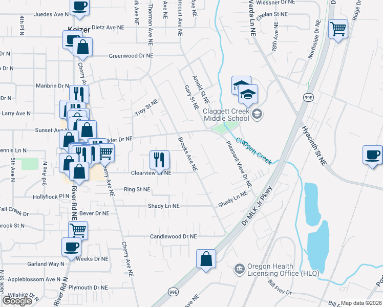 map of restaurants, bars, coffee shops, grocery stores, and more near 3860 Brooks Avenue Northeast in Keizer