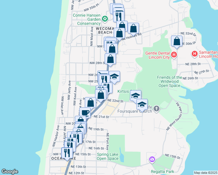 map of restaurants, bars, coffee shops, grocery stores, and more near Northeast 25th Street in Lincoln City