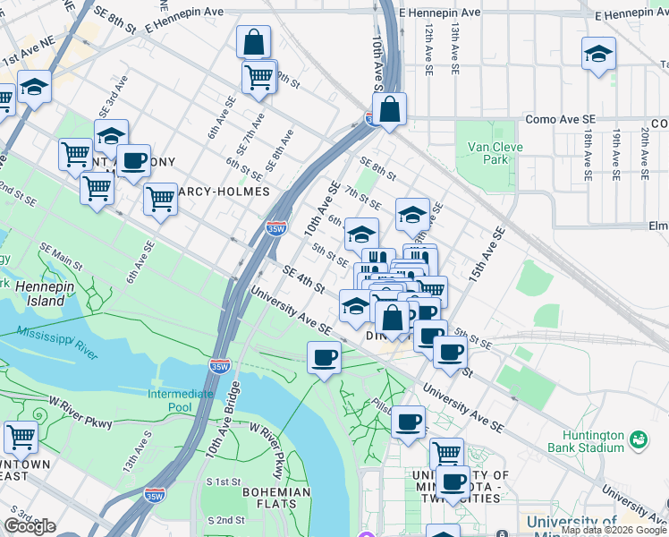 map of restaurants, bars, coffee shops, grocery stores, and more near 510 11th Avenue Southeast in Minneapolis