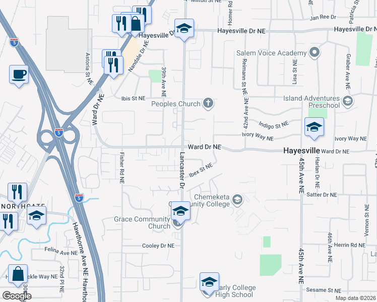 map of restaurants, bars, coffee shops, grocery stores, and more near 4004 Ward Drive Northeast in Salem