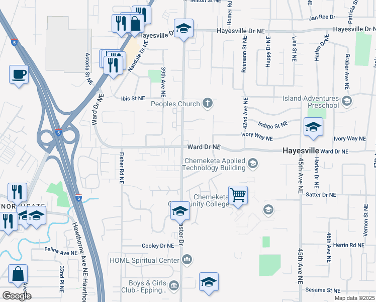 map of restaurants, bars, coffee shops, grocery stores, and more near 4433 Lancaster Drive Northeast in Salem