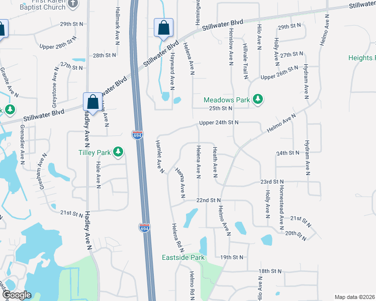 map of restaurants, bars, coffee shops, grocery stores, and more near 2380 Helena Road North in Oakdale