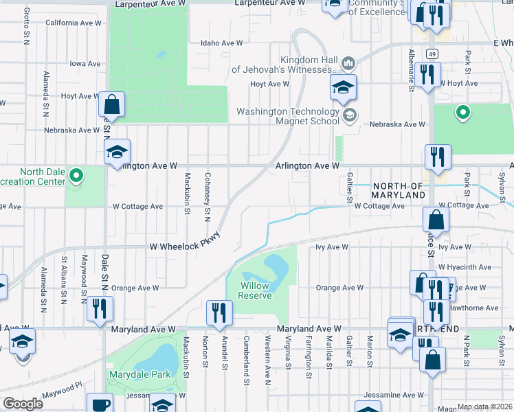 map of restaurants, bars, coffee shops, grocery stores, and more near 401 West Cottage Avenue in Saint Paul