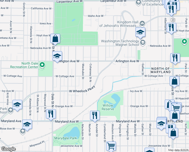 map of restaurants, bars, coffee shops, grocery stores, and more near 455 West Wheelock Parkway in Saint Paul