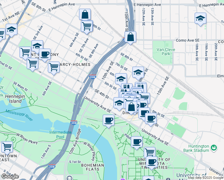 map of restaurants, bars, coffee shops, grocery stores, and more near 510 11th Avenue Southeast in Minneapolis