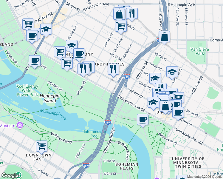 map of restaurants, bars, coffee shops, grocery stores, and more near 325 Southeast 8th Avenue in Minneapolis