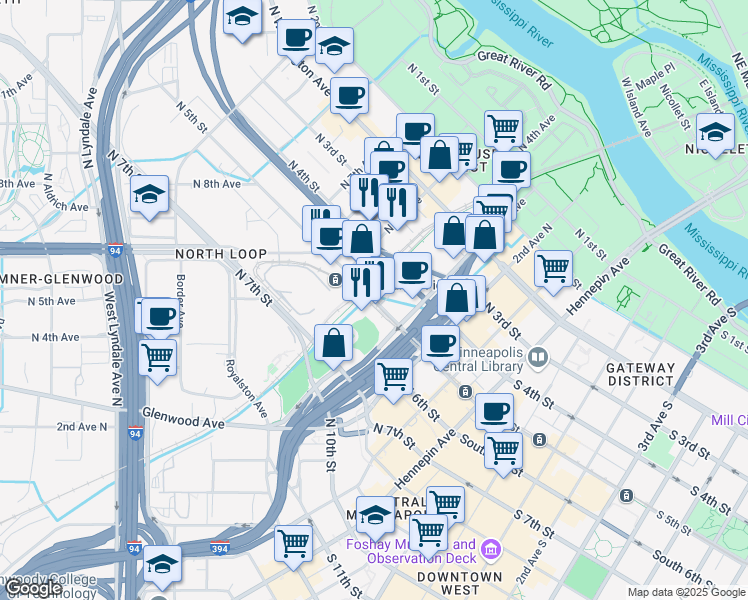 map of restaurants, bars, coffee shops, grocery stores, and more near in Minneapolis