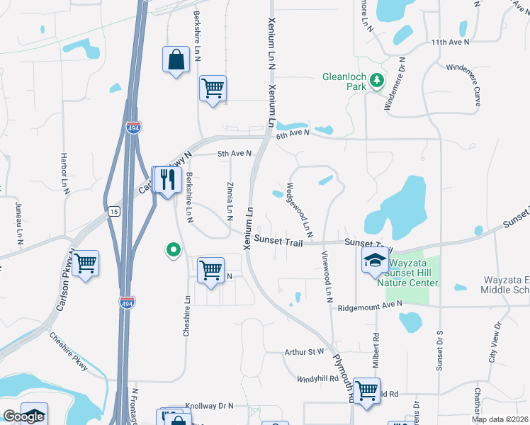 map of restaurants, bars, coffee shops, grocery stores, and more near 13508 Sunset Trail in Minneapolis