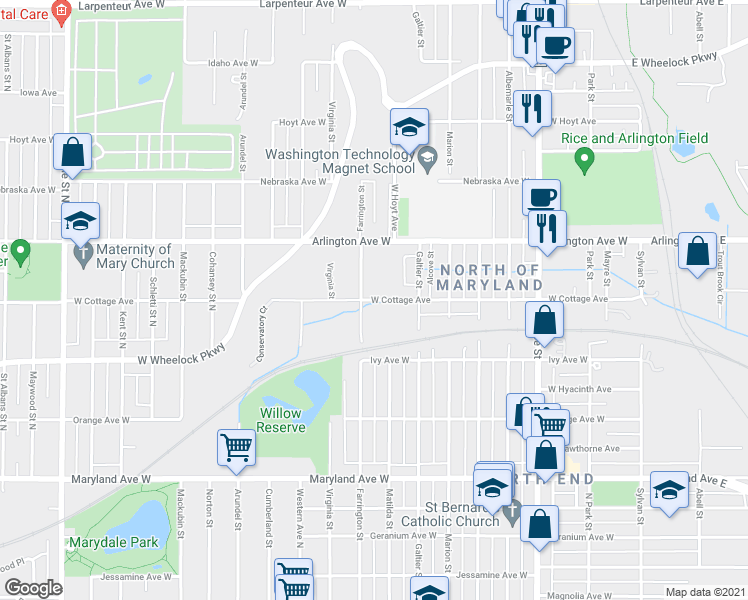 map of restaurants, bars, coffee shops, grocery stores, and more near 307 West Cottage Avenue in Saint Paul