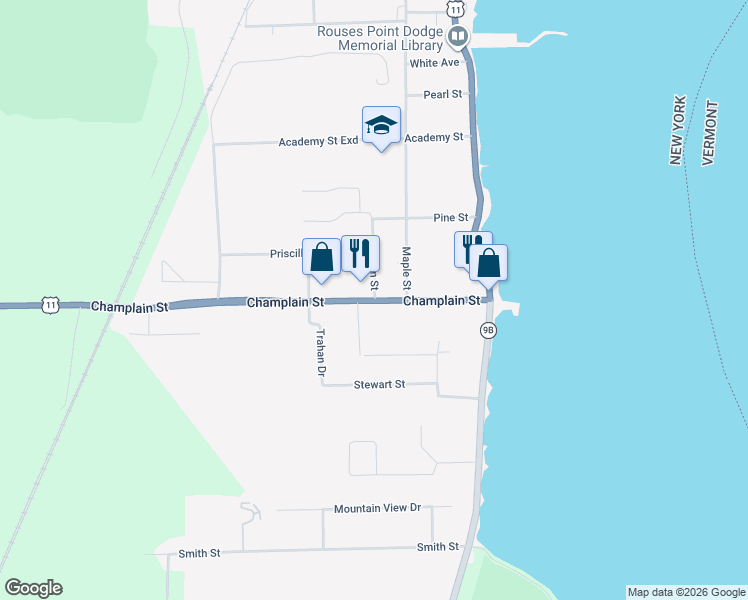 map of restaurants, bars, coffee shops, grocery stores, and more near 16 Elm St in Rouses Point