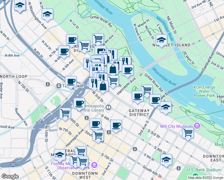 map of restaurants, bars, coffee shops, grocery stores, and more near 222 Hennepin Avenue South in Minneapolis