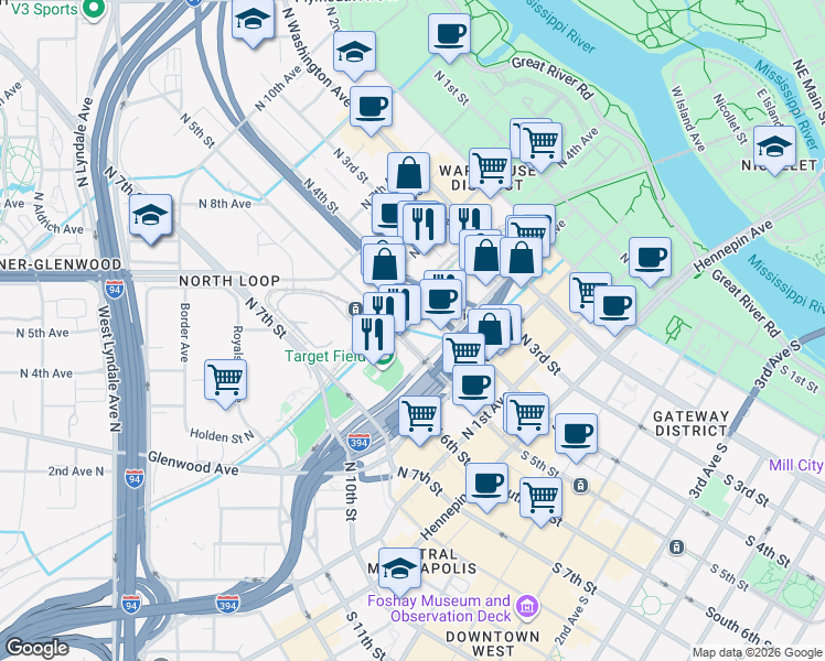 map of restaurants, bars, coffee shops, grocery stores, and more near 350 North 5th Street in Minneapolis