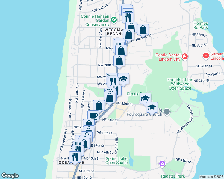 map of restaurants, bars, coffee shops, grocery stores, and more near 2500-2598 Northwest Oar Avenue in Lincoln City