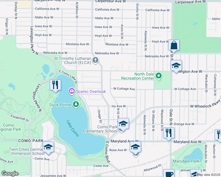 map of restaurants, bars, coffee shops, grocery stores, and more near 1365 West Cottage Avenue in Saint Paul