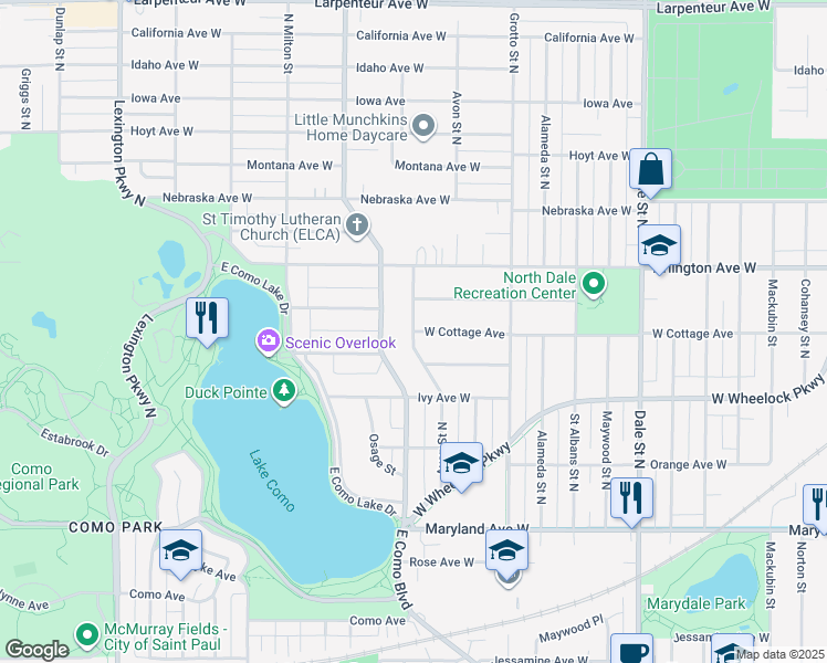 map of restaurants, bars, coffee shops, grocery stores, and more near 1345 West Cottage Avenue in Saint Paul