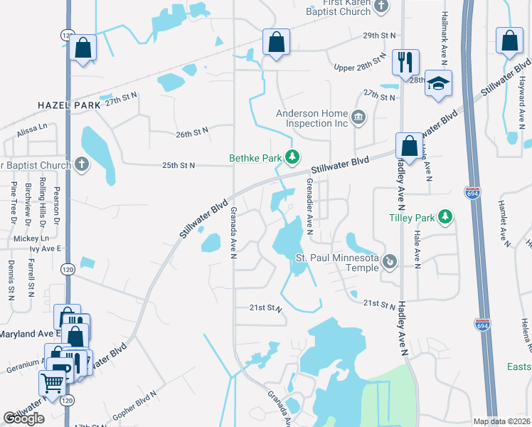 map of restaurants, bars, coffee shops, grocery stores, and more near 6594 Upper 23rd Street North in Oakdale