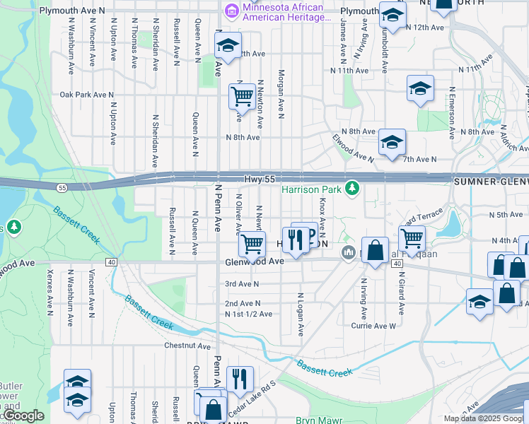 map of restaurants, bars, coffee shops, grocery stores, and more near 506 Newton Avenue North in Minneapolis