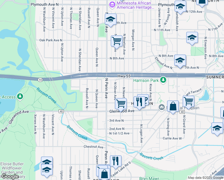 map of restaurants, bars, coffee shops, grocery stores, and more near 2108 North 5th Avenue in Minneapolis