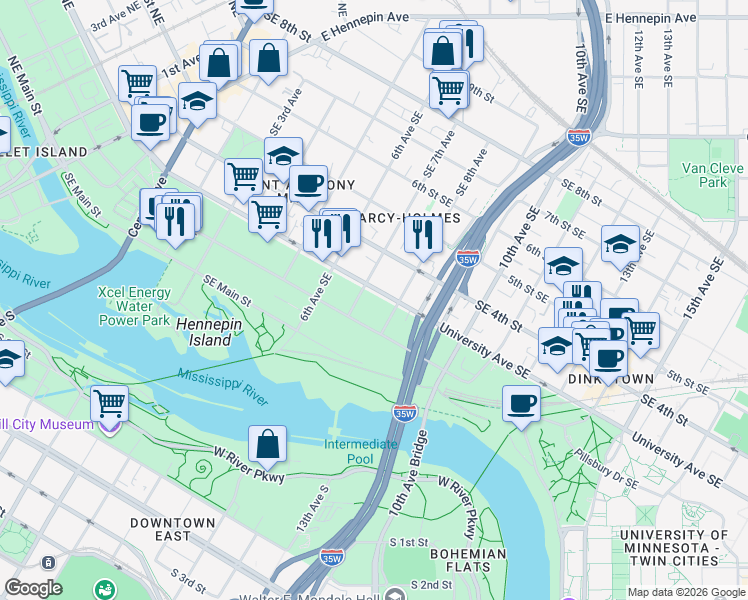 map of restaurants, bars, coffee shops, grocery stores, and more near 701 University Avenue Southeast in Minneapolis