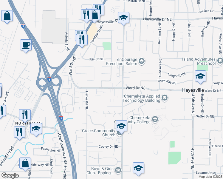 map of restaurants, bars, coffee shops, grocery stores, and more near 3883 Ward Drive Northeast in Salem