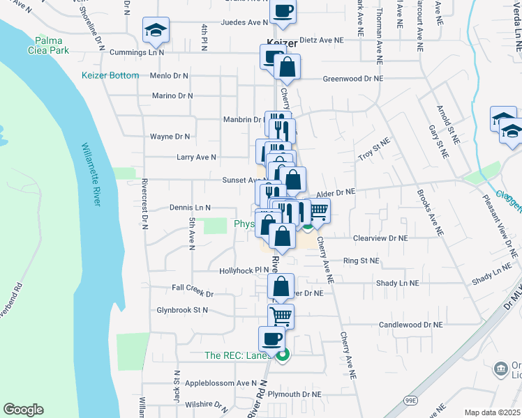 map of restaurants, bars, coffee shops, grocery stores, and more near 3975 River Road North in Keizer
