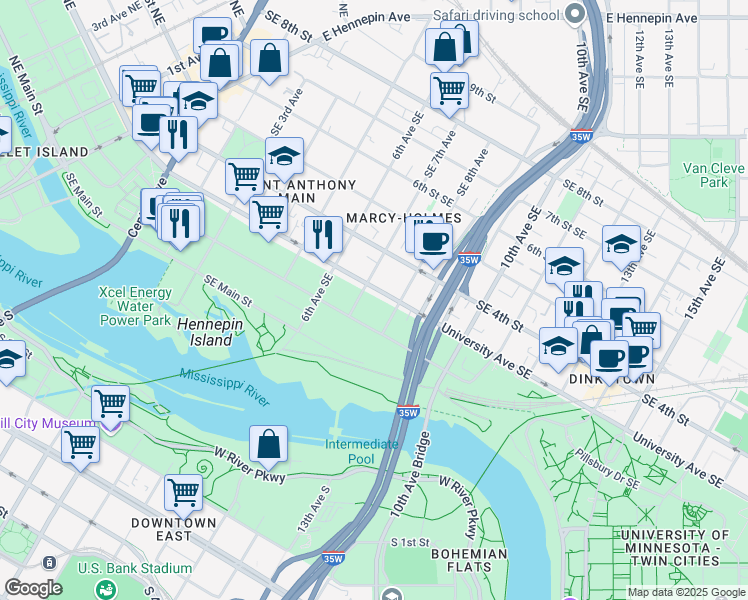 map of restaurants, bars, coffee shops, grocery stores, and more near 701 University Avenue Southeast in Minneapolis