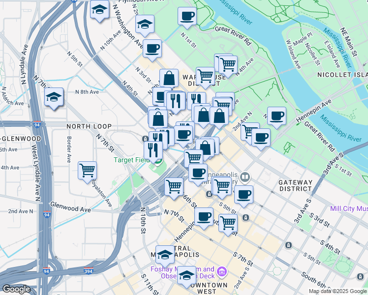 map of restaurants, bars, coffee shops, grocery stores, and more near 328 North 4th Street in Minneapolis