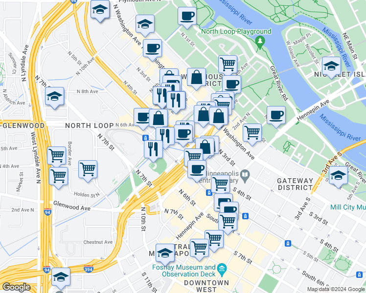map of restaurants, bars, coffee shops, grocery stores, and more near 328 North 4th Street in Minneapolis