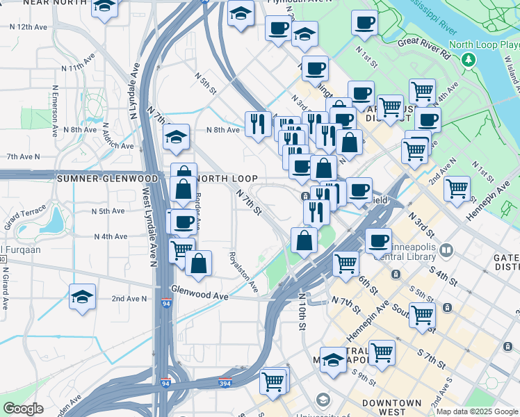 map of restaurants, bars, coffee shops, grocery stores, and more near in Minneapolis