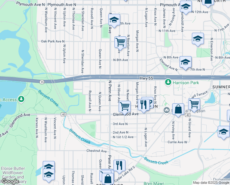 map of restaurants, bars, coffee shops, grocery stores, and more near 521 North Oliver Avenue in Minneapolis
