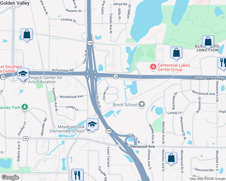 map of restaurants, bars, coffee shops, grocery stores, and more near 548 Cloverleaf Drive in Minneapolis