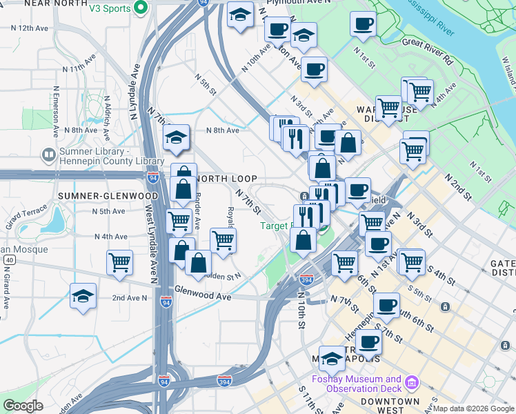 map of restaurants, bars, coffee shops, grocery stores, and more near N 7th St & 5th Ave N in Minneapolis