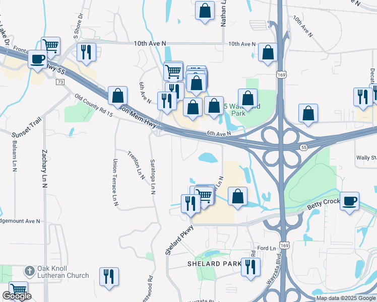 map of restaurants, bars, coffee shops, grocery stores, and more near 10101 Highway 55 in Plymouth