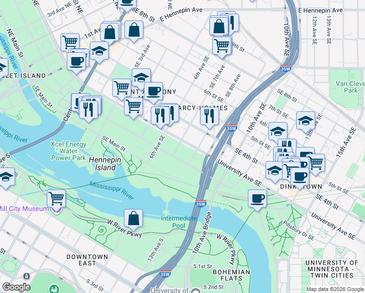 map of restaurants, bars, coffee shops, grocery stores, and more near 701 University Avenue Southeast in Minneapolis