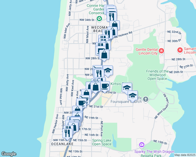map of restaurants, bars, coffee shops, grocery stores, and more near 2500-2598 Northwest Oar Avenue in Lincoln City