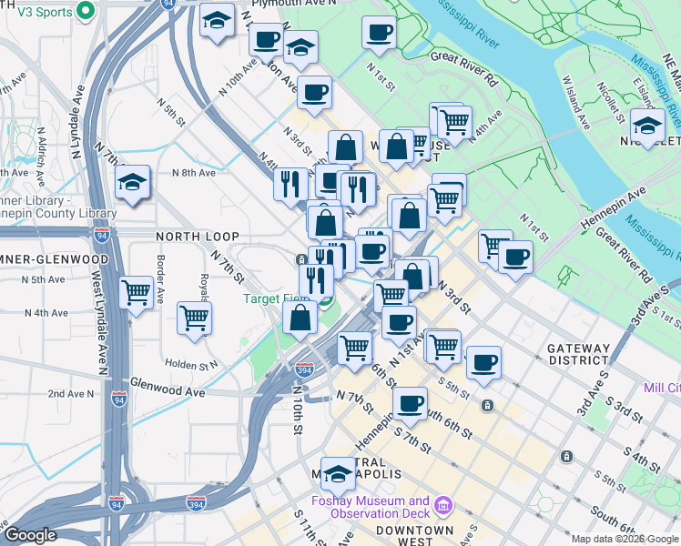 map of restaurants, bars, coffee shops, grocery stores, and more near 360 North 5th Street in Minneapolis