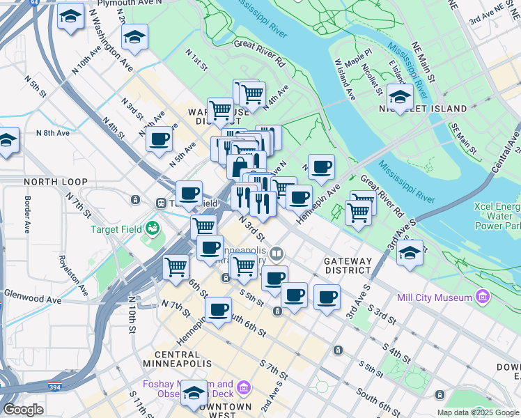 map of restaurants, bars, coffee shops, grocery stores, and more near 208 North Washington Avenue in Minneapolis