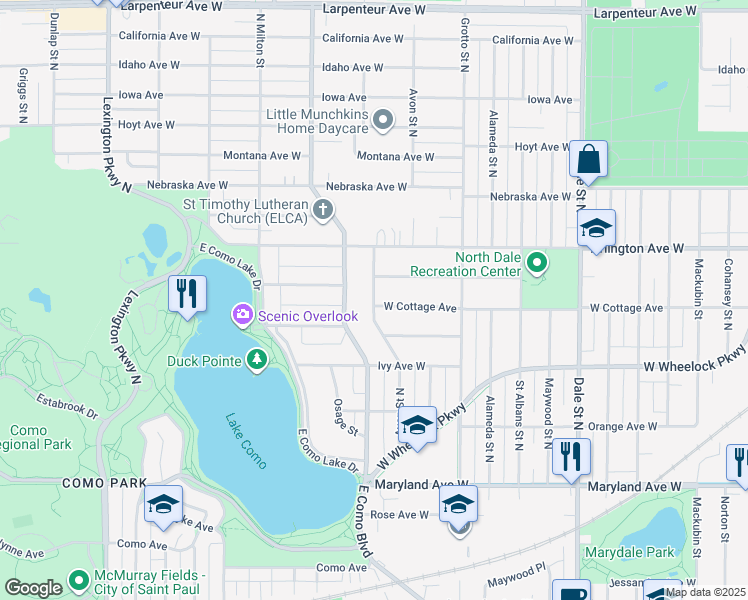 map of restaurants, bars, coffee shops, grocery stores, and more near 1404 Avon Street North in Saint Paul