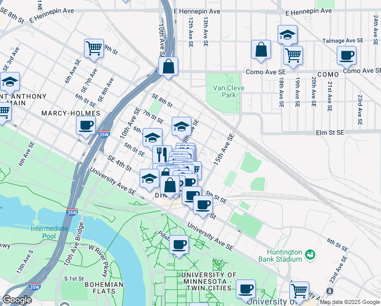 map of restaurants, bars, coffee shops, grocery stores, and more near 1318 Southeast 7th Street in Minneapolis