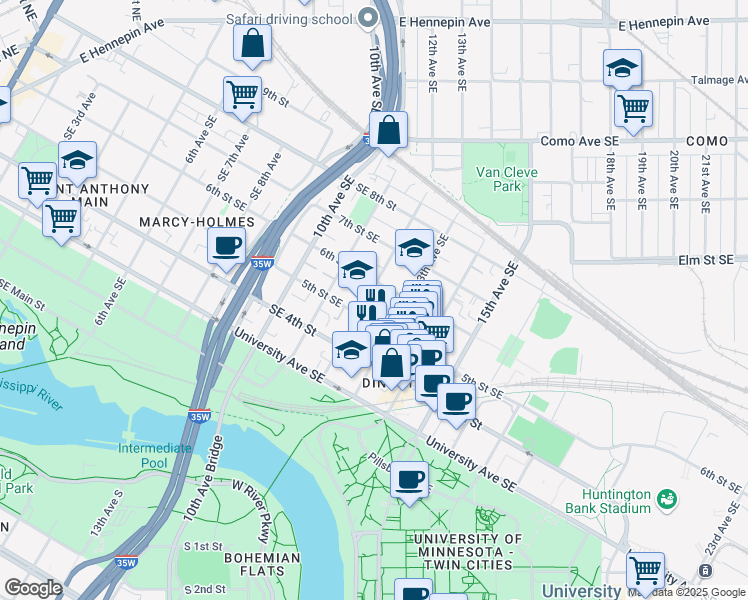 map of restaurants, bars, coffee shops, grocery stores, and more near 524 12th Avenue Southeast in Minneapolis