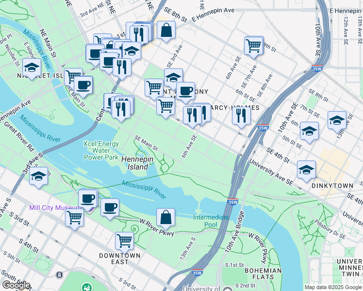 map of restaurants, bars, coffee shops, grocery stores, and more near 519 2nd Street Southeast in Minneapolis