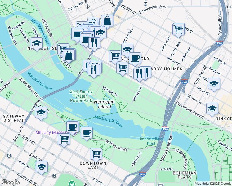 map of restaurants, bars, coffee shops, grocery stores, and more near 315 Southeast Main Street in Minneapolis