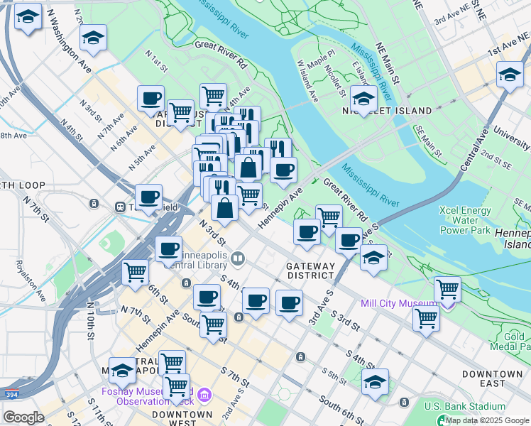 map of restaurants, bars, coffee shops, grocery stores, and more near 25 North 2nd Street in Minneapolis
